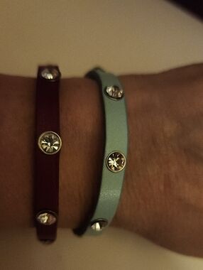 Leather Crystal Stud Bracelet - Blue and Burgundy Red